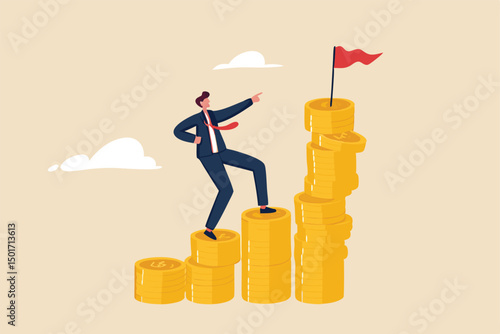 Financial goal, wealth management and investment plan to achieve target, income or salary growth concept, cheerful businessman step climbing money coin stack aiming to achieve target flag on top.