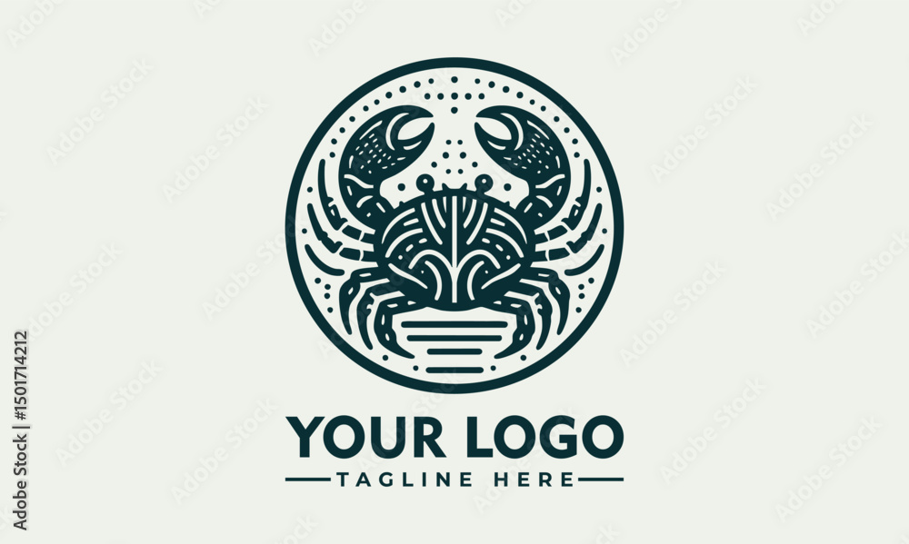 Fototapeta premium Stylized crab illustration inside circular emblem, marine animal logo, detailed claws and shell design 