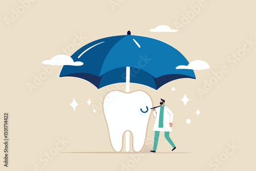 Dental insurance covering healthcare and medical cost, tooth protection or dental care concept, dentist standing with strong clean tooth with big umbrella cover or protect from storm above.