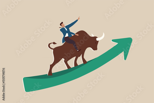 Stock market bull market, financial asset value and price rising up, investor and trader gain more profit concept, confident businessman investor riding bull running on rising up upward green graph.