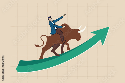 Stock market bull market, financial asset value and price rising up, investor and trader gain more profit concept, confident businessman investor riding bull running on rising up upward green graph.