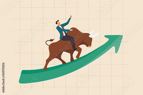 Stock market bull market, financial asset value and price rising up, investor and trader gain more profit concept, confident businessman investor riding bull running on rising up upward green graph.