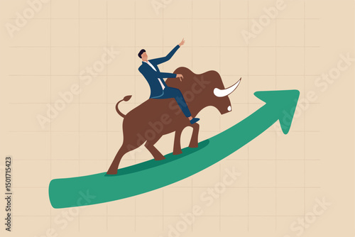 Stock market bull market, financial asset value and price rising up, investor and trader gain more profit concept, confident businessman investor riding bull running on rising up upward green graph.