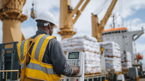 Cargo being weighed on giant scale as operator checks readings.