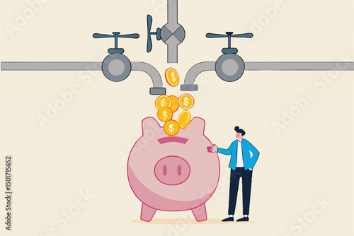 Multiple streams of income, passive income or revenue from invest in multi assets, side hustles to make money concept, rich businessman standing with multi cash flow from pipe into wealthy piggy bank.