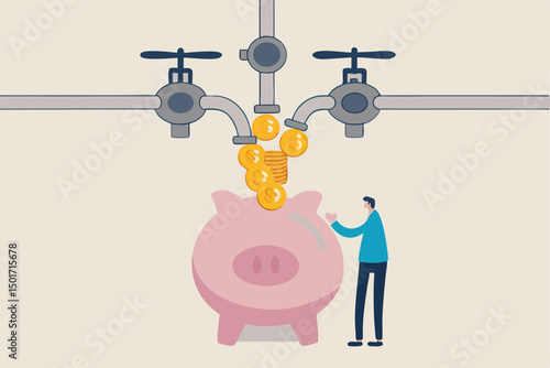 Multiple streams of income, passive income or revenue from invest in multi assets, side hustles to make money concept, rich businessman standing with multi cash flow from pipe into wealthy piggy bank.