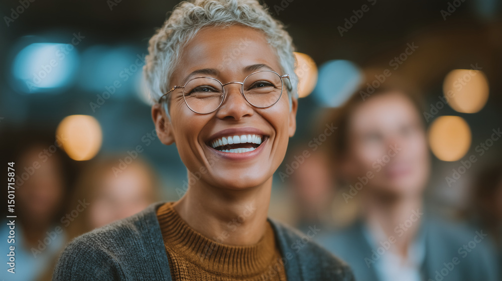 Obraz premium A close-up portrait of an attractive woman in her late thirties with short, curly hair, smiling and speaking to people at work during the day.