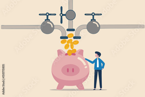 Multiple streams of income, passive income or revenue from invest in multi assets, side hustles to make money concept, rich businessman standing with multi cash flow from pipe into wealthy piggy bank.