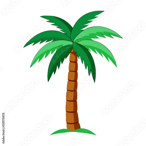 a palm tree with a tall brown segmented trunk and large green fronds spreading outward from the top. 