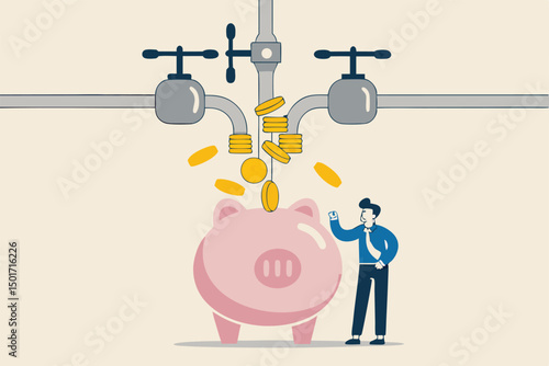 Multiple streams of income, passive income or revenue from invest in multi assets, side hustles to make money concept, rich businessman standing with multi cash flow from pipe into wealthy piggy bank.