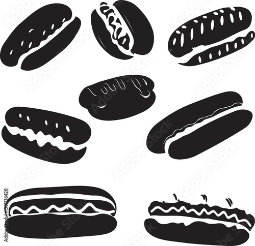 Black and White Hot Dog Vector Illustration: Collection of Delicious Fast Food Clipart for Menu Design and Culinary Projects