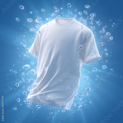 Clean white t-shirt floating amongst bubbles representing freshly laundered clothes