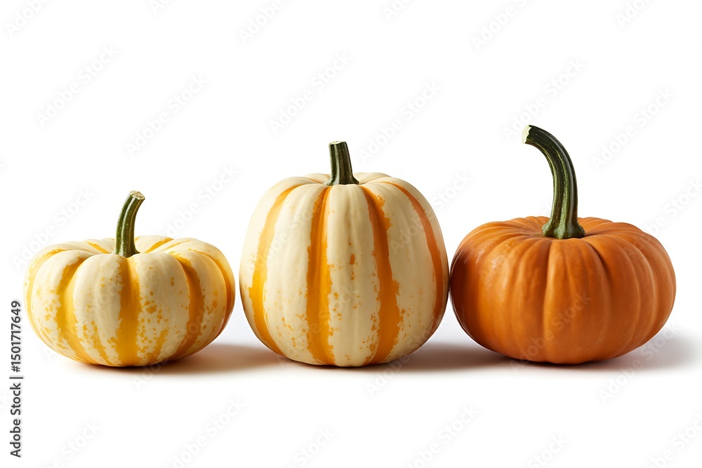 Fototapeta premium Three colorful pumpkins arranged on a white background, celebrating the Autumn season
