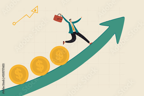 Investment profit and earning, stock market growth or fund flow depend on interest rate and inflation concept, businessman investor, fund manager holding flag lead money coins running up rising graph.