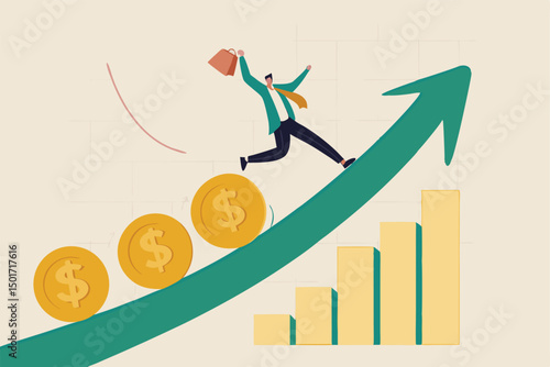 Investment profit and earning, stock market growth or fund flow depend on interest rate and inflation concept, businessman investor, fund manager holding flag lead money coins running up rising graph.