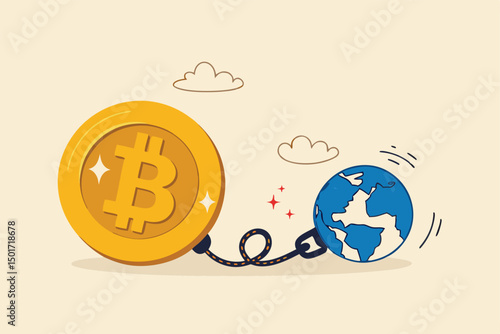 Cryptocurrency sustainability problem, bitcoin and crypto currency mining energy consumption not environment friendly concept, Big bitcoin with electric plug sucking energy from planet earth.