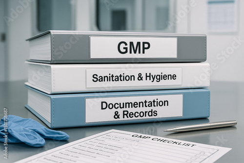 GMP: Good Manufacturing Practices documentation and sanitation hygiene binders stacked with compliance checklist on laboratory table for inspection, audit and regulatory records..