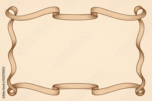 A detailed vintage-style illustration of an empty decorative ribbon frame on a beige background. The hand-drawn look and curled ribbon elements evoke a classic, elegant feel suitable for invitations