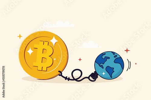 Cryptocurrency sustainability problem, bitcoin and crypto currency mining energy consumption not environment friendly concept, Big bitcoin with electric plug sucking energy from planet earth.