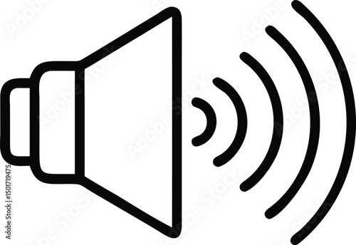 Minimalist black line speaker icon with sound waves, representing volume and audio output.