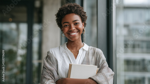  A young Black woman in her late twenties, wearing an elegant white blouse and plaid skirt with high heels, smiles at the camera while holding books or papers.