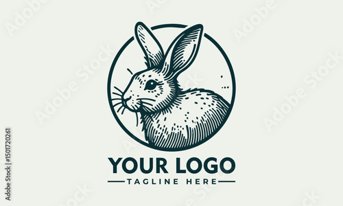 Minimalist rabbit sitting inside circular emblem in side profile, stylized animal icon. Nature concept
