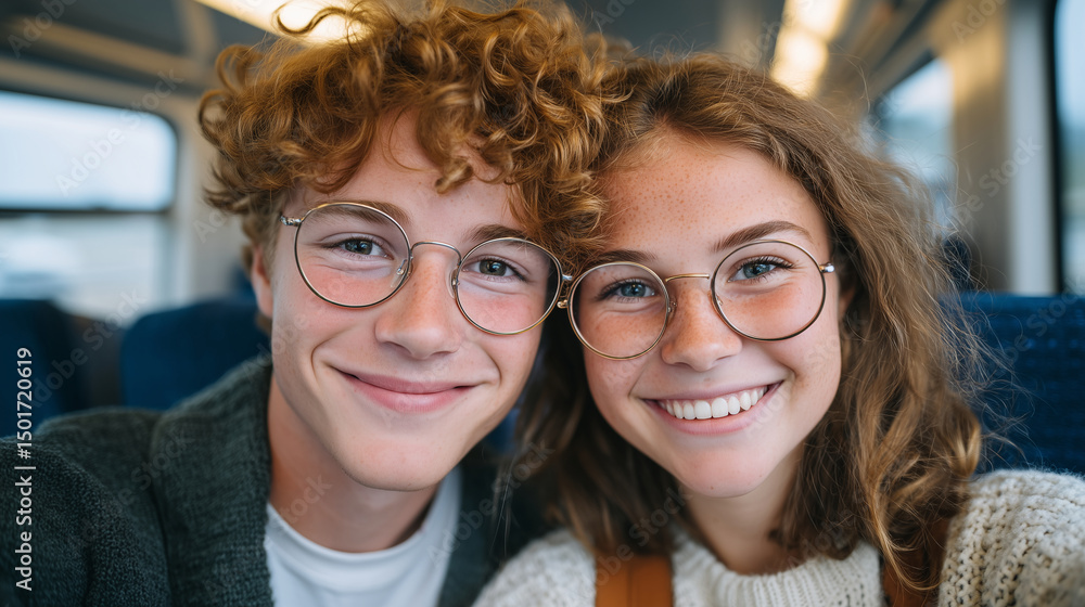 A photograph of two happy young people on a train. The boy has curly ginger hair, and the brown-haired girl is wearing glasses, both smiling at the camera. A photograph of two happy young people on a train. The boy has curly ginger hair, and the brown-haired girl is wearing glasses, both smiling at the camera.