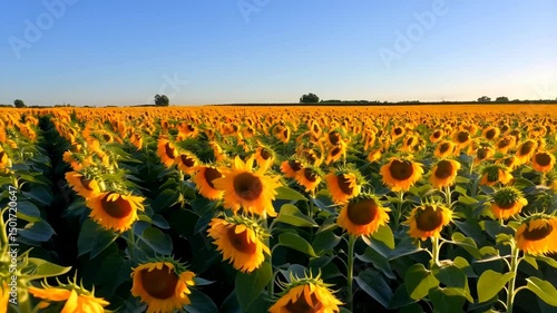 Expansive sunflower field under a clear blue sky at golden hour, agricultural landscape with lush green leaves and distant trees