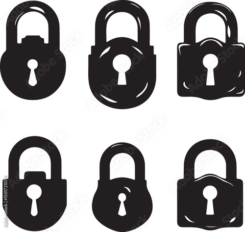 Black and White Vector Illustration of Assorted Padlocks: Security, Protection, and Privacy Icons in a Simple Graphic Style Collection