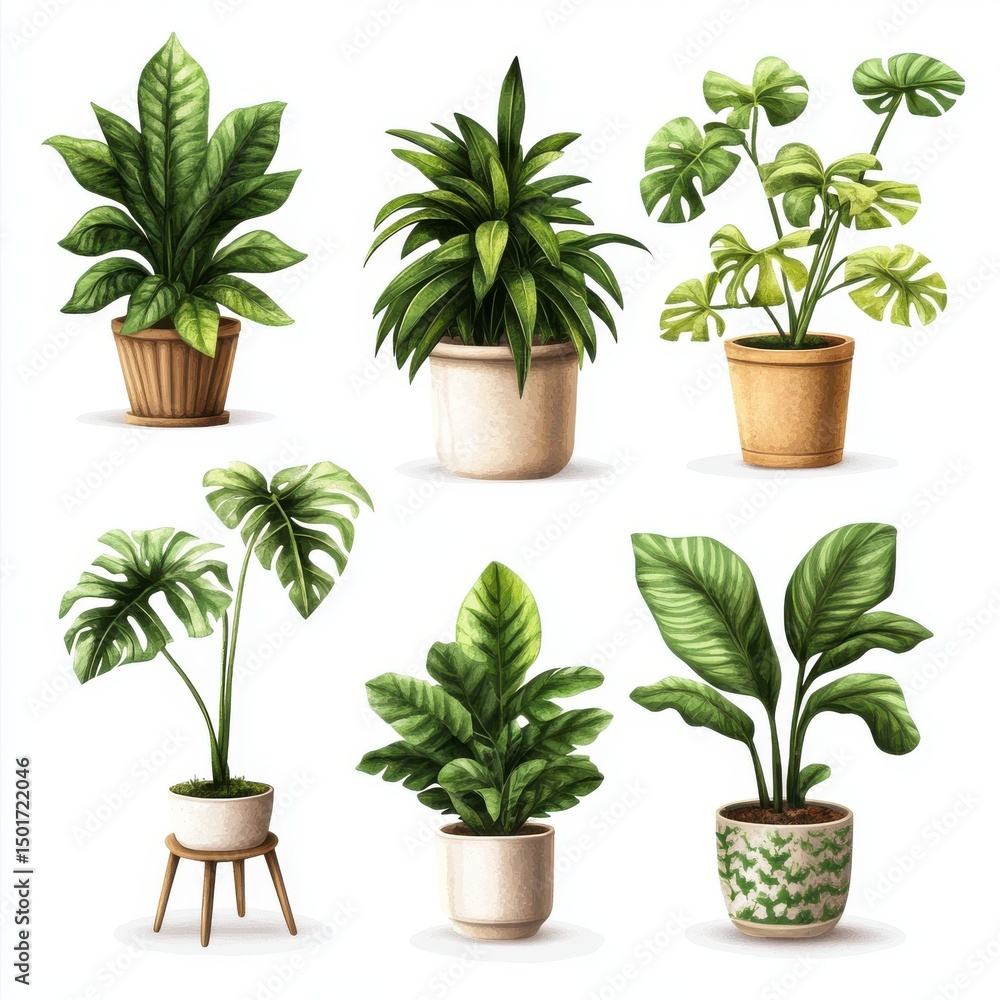Obraz premium Six potted houseplants illustration isolated on white background