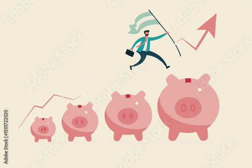 Investment and savings growth, salary or profit increase, making more money and collect more wealth concept, business man jumping from small piggy bank to bigger profit to achieve financial goal.
