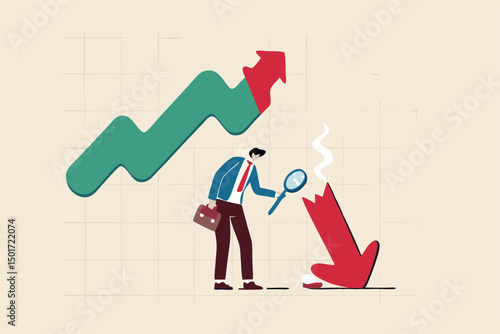 Market crash analysis, learn from failure or crisis and recession data, analyze or measure investment downturn concept, businessman analyst using magnification glass to look at red crash graph arrow.
