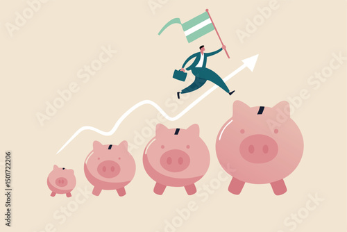 Investment and savings growth, salary or profit increase, making more money and collect more wealth concept, business man jumping from small piggy bank to bigger profit to achieve financial goal.