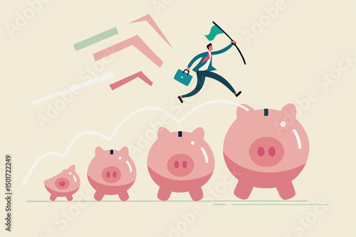 Investment and savings growth, salary or profit increase, making more money and collect more wealth concept, business man jumping from small piggy bank to bigger profit to achieve financial goal.