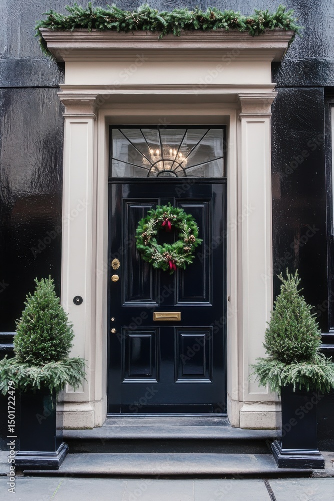Fototapeta premium The entrance exudes charm, adorned with a beautiful greenery wreath and vibrant festive plants, perfectly capturing the essence of the holiday season in an urban environment
