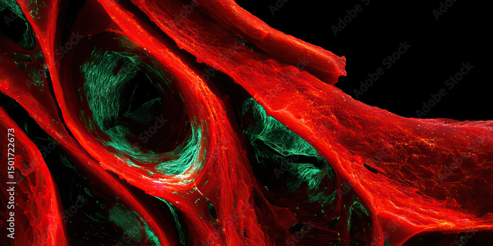 Obraz premium Fibroblast cell structure highlighted in red and green under microscope showing detailed biological tissue with vivid colors