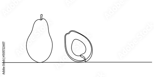 Continuous one single minimal line drawing avocado, Avocado Single Line Icon, A half of avocado superfood line art illustration, white background,  Sketch and Doodle Design. pro vector.