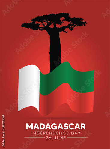 Madagascar Independence Day 26 June waving flag with landmark vector poster