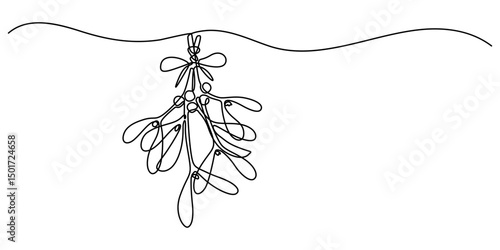 Continuous one single line of mistletoe winter flower isolated on white background, A simple, continuous line drawing of holly and mistletoe, perfect for a Christmas or New Year's greeting card.