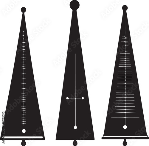 Vintage Black and White Illustration of Three Abstract Metronomes: Minimalist Art Deco Style Timekeeping Devices for Music and Rhythm Visuals