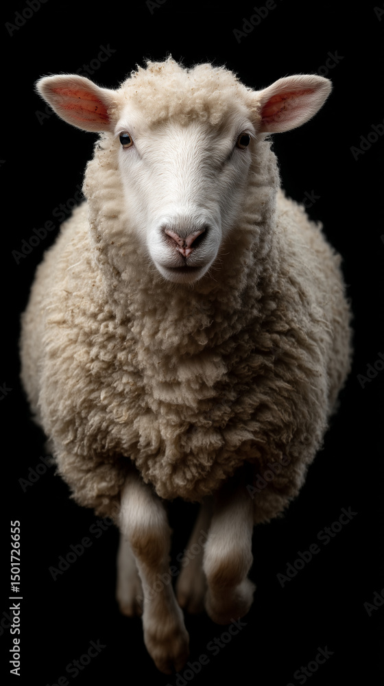 Fototapeta premium Adorable Sheep Emphasized on Black Background Highlighting Its Woolly Coat