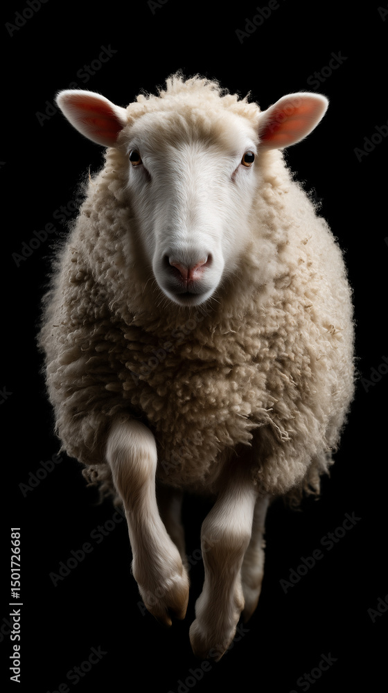 Obraz premium Adorable Sheep Emphasized on Black Background Highlighting Its Woolly Coat