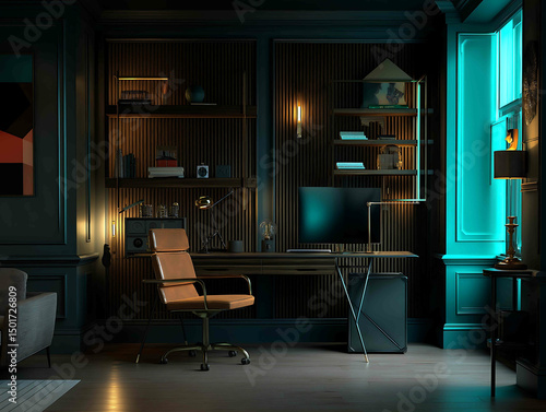 This 3D digital rendering showcases a stylish home office where Art Deco aesthetics meet modern tech A dimly lit space features neon teal accents dark wood p