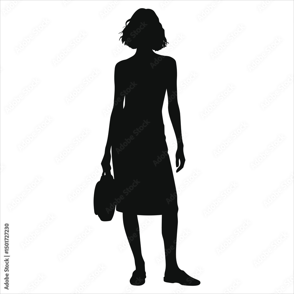 Fototapeta premium (Mules slip-ons)Stylish Woman Vector Silhouette with Bag in Neutral Setting/A sophisticated silhouette of a woman carrying a bag, set against a plain, light gray background.