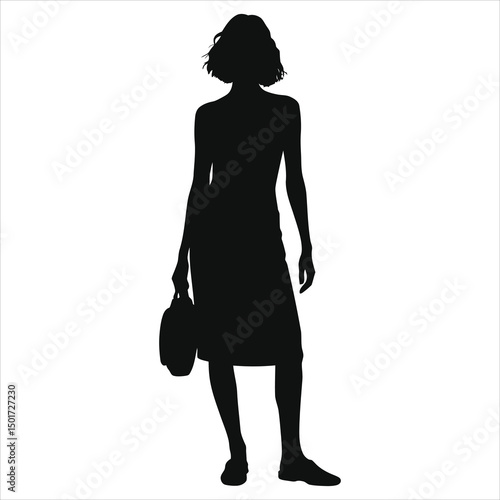(Mules slip-ons)Stylish Woman Vector Silhouette with Bag in Neutral Setting/A sophisticated silhouette of a woman carrying a bag, set against a plain, light gray background.