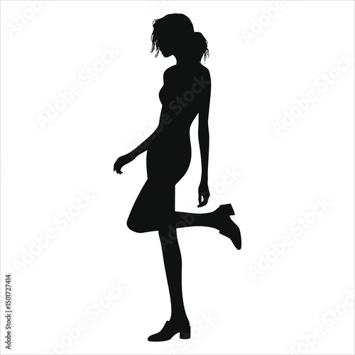 (Mules slip-ons)Vector Silhouette of a Woman in Motion/A stylish silhouette of a woman in a dynamic pose, suggesting movement and elegance.