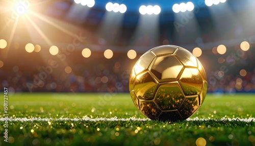 Golden soccer ball in a stadium symbolizing global football celebrations, awards like Ballon d'Or and international sports events