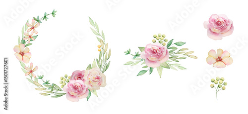 Elegant Floral decoration frame and bouquet with watercolor pink flowers and green leaves
