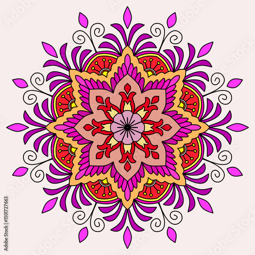 Mandala abstract floral background, vector hand drawn doodle,  Vibrant mandala with intricate floral patterns, design for decoration, Oriental pattern, vector illustration. Bright color