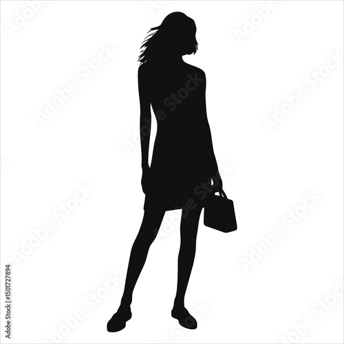 (Mules slip-ons)Stylish Woman in Vector Silhouette with Handbag and Dress/A bold silhouette of a woman carrying a handbag, in a simple, elegant dress.